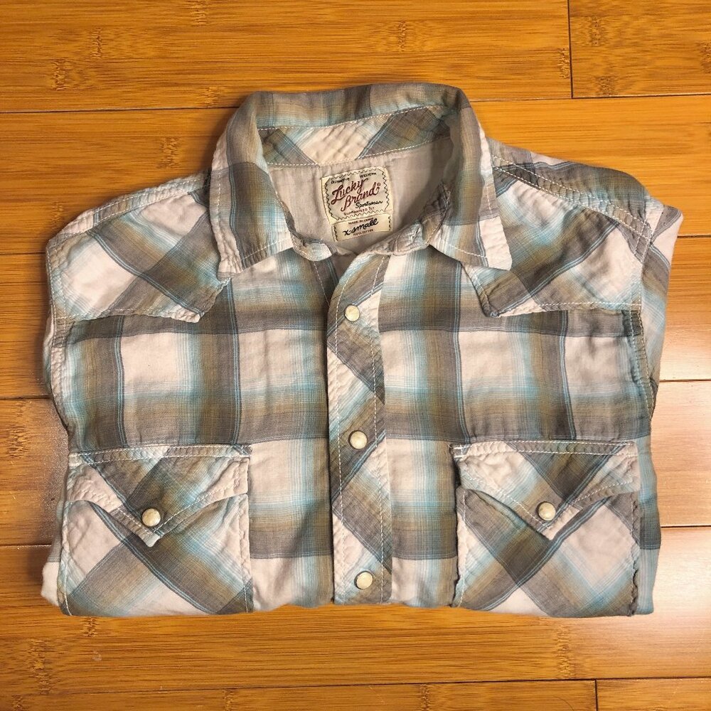 Lucky Brand Women's Western Plaid Cotton Linen Soft Pearl Shirt XS Rodeo Outdoor